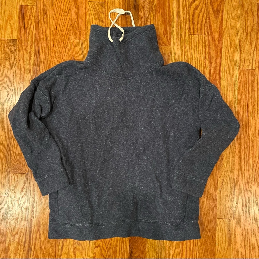 J. Crew heathered blue cowl neck sweatshirt with drawstrings at neck and pockets